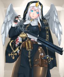 Rule 34 | 1girl, angel wings, backlighting, black gloves, blue dress, blue eyes, blue nails, colored eyelashes, cowboy shot, cross, double-barreled shotgun, double barrels, dress, fingerless gloves, georgian flag, gloves, glowing, glowing eyes, gun, hair between eyes, handgun, hip focus, holding, holding gun, holding weapon, holster, lips, long sleeves, looking to the side, mini wings, multiple-barrel firearm, nail polish, nun, original, over-and-under-barreled shotgun, pantyhose, panzer (p.z), parted lips, pelvic curtain, pink lips, puffy long sleeves, puffy sleeves, sheath, sheathed, short hair, shotgun, shotgun shell, silver hair, smoke, smoking gun, solo, sword, thighs, weapon, wings