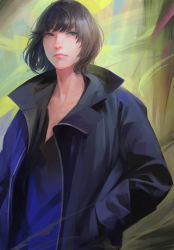 Rule 34 | 1girl, black hair, black jacket, black shirt, closed mouth, collared jacket, commentary request, dated commentary, green eyes, hands in pockets, highres, jacket, lips, long sleeves, looking at viewer, nababa, open clothes, open jacket, original, shirt, short hair, solo, unzipped, upper body