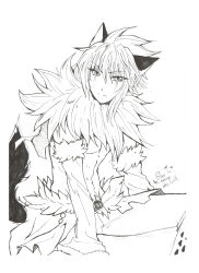 Rule 34 | 1boy, abs, absurdres, animal ears, closed mouth, commentary request, dated, detached sleeves, expressionless, feet out of frame, fur-trimmed sleeves, fur collar, fur trim, greyscale, hair between eyes, highres, lanmei jiang, long bangs, looking at viewer, looking to the side, male focus, monochrome, pants, pectorals, ragnarok online, shadow chaser (ragnarok online), short hair, shrug (clothing), signature, simple background, sitting, solo, tail, toned, toned male, waist cape, wolf boy, wolf ears, wolf tail