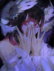 1girl bare_shoulders black_background black_hair columbina_(genshin_impact) covering_own_mouth domino_mask dress feathered_wings genshin_impact hand_up head_wings looking_at_viewer mask multicolored_hair off-shoulder_dress off_shoulder pink_eyes pink_hair shatukawa simple_background solo two-tone_hair upper_body white_dress white_wings wide-eyed wings