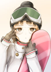 Rule 34 | 10s, 1girl, beanie, brown eyes, brown hair, eyewear strap, glasses, gloves, goggles, goggles on headwear, hat, jacket, kantai collection, momin, pince-nez, roma (kancolle), short hair, snowboard, solo