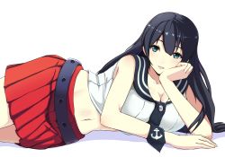 Rule 34 | 10s, 1girl, absurdres, agano (kancolle), anchor symbol, bare shoulders, belt, black hair, blue eyes, bondo (borndragon), borndragon, breasts, head rest, highres, kantai collection, large breasts, long hair, looking at viewer, lying, midriff, navel, necktie, no gloves, on side, pleated skirt, red skirt, school uniform, serafuku, skirt, sleeveless, solo