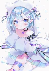 Rule 34 | 1girl, absurdres, animal ears, animal hood, armband, bad id, bad pixiv id, bandaged leg, bandages, blue eyes, blue hair, blush, bow, choker, chromatic aberration, collarbone, commentary request, confetti, cross, dot nose, fake animal ears, fake tail, fur (clothing), garter straps, ghost hair ornament, greek cross, hair ornament, hairclip, highres, hood, hood up, hooded dress, iridescent, looking at viewer, nekoyashiki pushio, original, short hair, single garter strap, single thighhigh, sleeves past wrists, solo, tail, thighhighs, two side up, white thighhighs