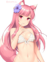Rule 34 | 1girl, animal ear fluff, animal ears, bikini, bikini top only, blunt bangs, blush, breasts, closed mouth, collarbone, finger to face, flower, fox ears, fox girl, fox tail, frilled bikini, frilled bikini top, frills, hair flower, hair ornament, head tilt, index finger raised, long hair, looking at viewer, navel, original, pink hair, red eyes, sasaame, shiny skin, simple background, small breasts, solo, swimsuit, tail, twitter username, upper body, white background
