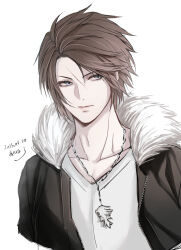Rule 34 | 1boy, black jacket, blue eyes, brown hair, commentary request, cropped torso, dated, expressionless, final fantasy, final fantasy viii, fur-trimmed jacket, fur trim, hiryuu (kana h), jacket, jewelry, looking to the side, male focus, necklace, open clothes, open jacket, scar, scar on face, shirt, short hair, signature, simple background, solo, squall leonhart, upper body, v-neck, white background, white shirt