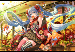 Rule 34 | 1girl, ahoge, air bubble, animal, architecture, asymmetrical legwear, autumn, autumn leaves, bare shoulders, black skirt, blue eyes, blue hair, bubble, covered mouth, day, east asian architecture, feet out of frame, fish, floating hair, floral print, flower, goldfish, hair between eyes, hair flower, hair ornament, hakama, hakama short skirt, hakama skirt, haori, hatsune miku, holding, holding leaf, immersed, japanese clothes, kanzashi, kimono, lace, lace-trimmed skirt, lace trim, leaf, letterboxed, long hair, looking at viewer, maple leaf, michi (iawei), miniskirt, mismatched legwear, off shoulder, pleated skirt, print kimono, red thighhighs, sash, short kimono, sidelocks, sitting, skirt, sleeveless, sleeveless kimono, solo, striped clothes, striped thighhighs, submerged, tassel, thighhighs, twintails, underwater, vase, vertical-striped clothes, vertical-striped thighhighs, very long hair, vocaloid, zettai ryouiki