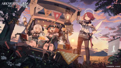 Rule 34 | 3girls, :d, absurdres, arknights, black gloves, black pantyhose, black shirt, black skirt, blonde hair, blue sky, bright pupils, cameo, camping, ceobe (arknights), character doll, cloud, cloudy sky, company name, copyright name, cow girl, cow horns, croissant (arknights), detached wings, energy wings, evening, exusiai (arknights), fingerless gloves, flower, food, fried egg, gloves, green eyes, hair over one eye, halo, hand on own hip, highres, holding, holding ladle, holding stick, holding utensil, horns, id card, ifrit (arknights), jacket, ladle, lantern, lily of the valley, marshmallow, motor vehicle, mountainous horizon, multiple girls, official art, one eye covered, open mouth, orange eyes, orange hair, outdoors, pantyhose, penguin logistics logo, promotional art, red hair, rhodes island logo (arknights), rice, roasted marshmallow, shirt, short hair, short sleeves, sitting, skirt, sky, smile, standing, stick, string of flags, sunset, teeth, tree, twintails, upper teeth only, van, watermark, white flower, white jacket, white pupils, wings, yellow eyes