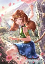 Rule 34 | 1girl, arm up, bare legs, bare shoulders, bicep strap, blue skirt, brown eyes, brown hair, double bun, dress, earrings, floral print, flower, forest, frilled dress, frills, gold hairband, green dress, hair bun, hair ornament, hairband, hand up, highres, holding, holding staff, holding weapon, jewelry, monkey tail, mountainous horizon, multicolored clothes, nature, open mouth, petals, prehensile tail, skirt, sky, solo, son biten, staff, sunlight, tail, tanaka fumiko, tongue, touhou, unfinished dream of all living ghost, weapon, wristband, yellow dress