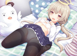 Rule 34 | 1girl, absurdres, bed, blue archive, blue sailor collar, blue skirt, blush, bra, breasts, brown eyes, brown hair, clothes lift, grey pantyhose, hair between eyes, halo, hifumi (blue archive), highres, lifted by self, long hair, long sleeves, looking at viewer, low twintails, lying, no shoes, on back, open mouth, panties, pantyhose, pillow, pleated skirt, sailor collar, sakuraba hikaru (loveindog), school uniform, serafuku, shirt, shirt lift, simple background, skirt, sleeves past wrists, small breasts, soles, solo, teeth, thighband pantyhose, twintails, underwear, upper teeth only, very long hair, white background, white bra, white panties, white shirt