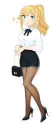 Rule 34 | 1girl, bag, black footwear, black ribbon, black skirt, blonde hair, blue eyes, brown pantyhose, collared shirt, commentary, commission, contrapposto, copyright request, english commentary, full body, halphelt, handbag, high heels, highres, holding, holding bag, long hair, long sleeves, looking at viewer, miniskirt, neck ribbon, office lady, own hands together, pantyhose, parted lips, pencil skirt, ponytail, pumps, ribbon, shirt, shoes, simple background, skirt, smile, solo, sparkle, stiletto heels, white background, white shirt, wing collar