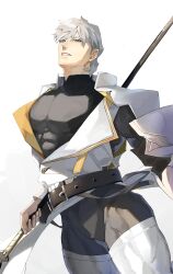 Rule 34 | 1boy, absurdres, bara, black bodysuit, blue eyes, bodysuit, bulge, cowboy shot, fate/grand order, fate (series), grey hair, hair between eyes, highres, holding, holding polearm, holding weapon, ironmanhshs, large pectorals, light smile, looking at viewer, male focus, muscular, muscular male, parted lips, pectorals, percival (fate), polearm, short hair, solo, standing, thick eyebrows, thick thighs, thighs, tsurime, weapon, white hair