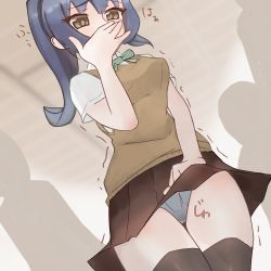 Rule 34 | 1girl, black skirt, black thighhighs, blue hair, blue panties, blush, bow, bowtie, breasts, brown background, brown eyes, brown vest, clenched hand, covering own mouth, cowboy shot, dutch angle, embarrassed, female focus, green bow, green bowtie, hand up, have to pee, highres, indoors, japanese text, long hair, looking down, medium breasts, miniskirt, original, panties, pleated skirt, ponytail, school uniform, shirt, short sleeves, silhouette, skirt, solo, standing, taiya (pixiv 33530521), thighhighs, translation request, underwear, vest, wet, wet clothes, wet panties, white shirt
