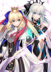 Rule 34 | 2girls, ahoge, armor, armored dress, artoria caster (fate), artoria caster (third ascension) (fate), artoria pendragon (fate), black bow, black dress, blonde hair, blue eyes, bow, braid, center opening, clothing cutout, commentary request, crown, diamond hairband, dress, facial mark, fate/grand order, fate (series), forehead mark, french braid, green eyes, highres, holding, holding staff, marmyadose (fate), morgan le fay (fate), multiple girls, neko daruma, smile, staff, stomach cutout, stomach tattoo, tattoo, two-tone dress, white hair