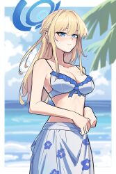 Rule 34 | 1girl, alternate costume, beach, bikini, bikini top only, blonde hair, blue archive, blue eyes, blue halo, blue sky, blurry, blurry background, blush, braid, breasts, cleavage, closed mouth, cloud, cloudy sky, commentary, cowboy shot, expressionless, floral print, french braid, frilled bikini, frills, from side, halo, highres, long hair, medium breasts, nokaa aru, ocean, palm tree, sarong, sidelocks, sky, solo, standing, swimsuit, toki (blue archive), tree, white bikini, white sarong