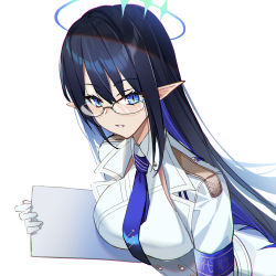 Rule 34 | 1girl, armband, black hair, blue archive, blue eyes, blue hair, blue necktie, breasts, collared dress, colored inner hair, dress, epaulettes, glasses, gloves, grin, halo, holding, holding paper, jacket, large breasts, long hair, looking at viewer, multicolored hair, necktie, nishitaka, open clothes, open jacket, paper, pointy ears, rin (blue archive), simple background, sleeveless, sleeveless dress, smile, solo, two-tone hair, upper body, very long hair, white background, white dress, white gloves, white jacket