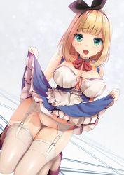 Rule 34 | 1girl, apron, black bow, blonde hair, blue skirt, blunt bangs, blush, bob cut, bottomless, bow, breasts, cleavage, clothes lift, collarbone, corset, covered erect nipples, curvy, dutch angle, frilled apron, frills, garter belt, garter straps, green eyes, groin, hair bow, hairband, kneeling, lace, lace-trimmed legwear, lace trim, large breasts, lifting own clothes, looking at viewer, neko neko koneko, open mouth, original, skirt, skirt lift, smile, solo, thighhighs, thighs, waist apron, white thighhighs