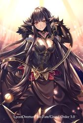 Rule 34 | 1girl, absurdly long hair, bare shoulders, black dress, black hair, breasts, bridal gauntlets, cleavage, detached sleeves, dress, fate/apocrypha, fate/grand order, fate (series), fur collar, fur trim, gloves, hand up, heirou, jewelry, large breasts, long dress, long hair, looking at viewer, open mouth, parted lips, pointy ears, semiramis (fate), sidelocks, smile, solo, tsurime, very long hair, yellow eyes