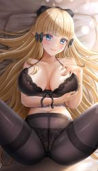 Rule 34 | 1girl, absurdres, blonde hair, blue eyes, blush, breasts, brown pantyhose, cleavage, highres, large breasts, lingerie, looking at viewer, lying, nori chazuke, on back, panties, panties under pantyhose, pantyhose, pointy ears, princess connect!, saren (princess connect!), smile, spread legs, underwear