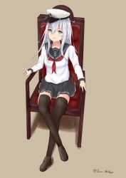 Rule 34 | 10s, 1girl, absurdres, anchor symbol, black footwear, black skirt, black thighhighs, blue eyes, blue hair, brown background, chair, closed mouth, commentary request, eyebrows, full body, hat, hibiki (kancolle), highres, kantai collection, loafers, long hair, long sleeves, looking at viewer, matching hair/eyes, mugura (kawasemi-m), neckerchief, necktie, ok sign, peaked cap, pleated skirt, school uniform, serafuku, shadow, shoes, sidelocks, simple background, sitting, skirt, smile, solo, thighhighs, twitter username, zettai ryouiki
