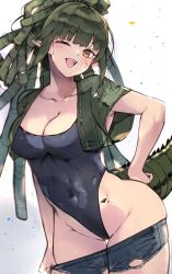Rule 34 | 1girl, arknights, breasts, cleavage, collarbone, covered navel, cowboy shot, crocodile girl, crocodilian tail, crop top, dreadlocks, gavial (arknights), green hair, green tail, highres, kyuu (plastic night q), looking at viewer, one-piece swimsuit, one eye closed, open mouth, pointy ears, short shorts, shorts, smile, solo, spiked tail, swimsuit, tail, teeth, thighs, upper teeth only, yellow eyes