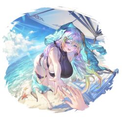 Rule 34 | 2girls, alpha transparency, barefoot, beach, beach chair, beach umbrella, bikini, black bikini, blue sky, blush, breasts, cloud, cupitan (granblue fantasy), cupitan (summer) (granblue fantasy), day, djeeta (granblue fantasy), feet, gradient hair, granblue fantasy, green eyes, hair between eyes, hair ornament, large breasts, leaning forward, legs, lens flare, long hair, looking at viewer, low twintails, minaba hideo, multicolored hair, multiple girls, official art, open mouth, out of frame, outdoors, outstretched hand, rainbow hair, sideboob, sky, smile, solo focus, standing, starfish, swimsuit, thigh strap, toenails, toes, transparent background, twintails, umbrella, wet