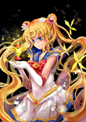 Rule 34 | 1990s (style), 1girl, belt, beni kingyo, bishoujo senshi sailor moon, bishoujo senshi sailor moon s, blonde hair, blue eyes, blue sailor collar, bow, brooch, choker, double bun, elbow gloves, floating, floating object, gloves, hair bun, hair ornament, hairclip, half-closed eyes, heart, heart brooch, holy grail, jewelry, light smile, long hair, multicolored clothes, multicolored skirt, red bow, retro artstyle, sailor collar, sailor moon, skirt, solo, super sailor moon, tsukino usagi, twintails, very long hair, white gloves
