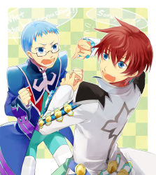 Rule 34 | 2boys, asbel lhant, bad id, bad pixiv id, blue eyes, blue hair, blush, brothers, brown hair, checkered background, english text, glasses, hubert ozwell, male focus, multiple boys, sen nai, siblings, tales of (series), tales of graces, uniform