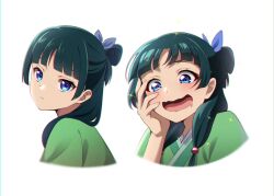 Rule 34 | 1girl, black hair, blue eyes, blunt bangs, blush, closed mouth, commentary, cropped torso, drooling, expressionless, freckles, green hair, hair bobbles, hair ornament, hair over shoulder, hair ribbon, hand on own face, hand up, highres, kusuriya no hitorigoto, long hair, looking at viewer, maomao (kusuriya no hitorigoto), mouth drool, multiple views, open mouth, portrait, purple ribbon, ribbon, simple background, smile, war artwork, white background