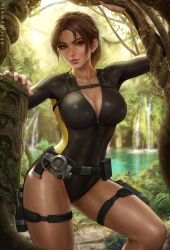 Rule 34 | 1girl, bodysuit, breasts, brown eyes, brown hair, cleavage, day, diving suit, gun, handgun, highres, holster, lara croft, large breasts, lips, long hair, looking at viewer, outdoors, pistol, ponytail, sciamano240, solo, standing, strap, tan, thigh holster, thigh strap, thighs, tomb raider, unzipped, weapon, wet, wetsuit