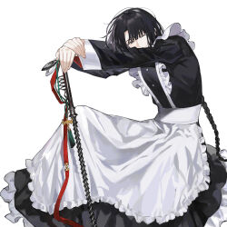 Rule 34 | 1boy, alternate costume, apron, arms up, black dress, black hair, braid, braided ponytail, crossdressing, dress, enmaided, fate/grand order, fate (series), fishing rod, frilled apron, frills, hand on hand, highres, knees up, long hair, long sleeves, looking at viewer, maid, maid apron, male focus, male maid, one eye closed, outstretched arms, own hands together, puffy sleeves, rgb12800, simple background, smile, solo, tai gong wang (fate), white apron, white background