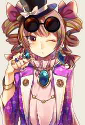 Rule 34 | 1girl, black hat, bow, bracelet, brown hair, clenched hand, coat, commentary request, dress, drill hair, earrings, eyewear on head, grey background, hair bow, hand up, hat, hat bow, jewelry, kaede (mmkeyy), long sleeves, looking at viewer, mini hat, mini top hat, one eye closed, open clothes, open coat, pendant, pink dress, purple bow, purple coat, ring, simple background, solo, sunglasses, top hat, touhou, twin drills, twintails, upper body, white bow, wide sleeves, yorigami jo&#039;on