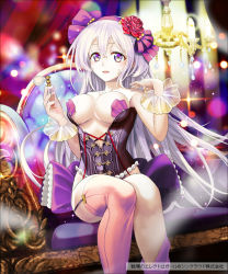 Rule 34 | 1girl, :o, bare shoulders, bottle, bow, breasts, chair, chandelier, collarbone, copyright name, corset, curtains, flower, garter straps, hair between eyes, hair flower, hair ornament, hair ribbon, holding, kuroi nyan, long hair, looking at viewer, official art, perfume bottle, pink thighhighs, purple bow, purple eyes, ribbon, see-through, senjou no electro girl, silver hair, sitting, smile, solo, sparkle, thighhighs