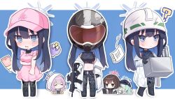 Rule 34 | 4girls, ?, @ @, apron, assault rifle, atsuko (blue archive), baseball cap, belt, black footwear, blue archive, blue background, blue hair, blue headwear, blush, boots, bow, box, brown hair, cabbie hat, chibi, closed mouth, crop top, dark blue hair, gun, hair bow, halo, hard hat, hat, helmet, highres, hiyori (blue archive), holding, holding box, holding gun, holding weapon, hood, hood up, jacket, jacket partially removed, light green hair, long hair, midriff, misaki (blue archive), multiple girls, name tag, official alternate costume, pants, paper, parted lips, pink apron, pink hair, pink headwear, rifle, saori (blue archive), short hair, simple background, smile, solo focus, sweat, tearing up, two-tone background, wavy mouth, weapon, white headwear, white jacket, yucha (y0104)