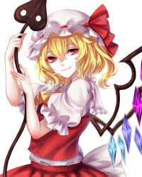Rule 34 | 1girl, absurdres, ascot, bad id, bad pixiv id, blonde hair, crystal, fang, flandre scarlet, from side, hat, hat ribbon, highres, laevatein, looking at viewer, mob cap, puffy short sleeves, puffy sleeves, red eyes, red ribbon, red shirt, red skirt, ribbon, sheya, shirt, short sleeves, side ponytail, skirt, skirt set, smile, solo, touhou, upper body, white background, wings