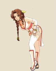 Rule 34 | 1girl, aerith gainsborough, bare shoulders, breasts, brown hair, cleavage, cosplay, dead or alive, final fantasy, final fantasy vii, green eyes, highres, kasumi (doa), kasumi (doa) (cosplay), long hair, pelvic curtain, shin guards, sleeveless, softp3ach, thighhighs, white thighhighs