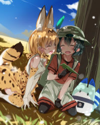 Rule 34 | 10s, 2girls, :d, ^ ^, animal ears, backpack, bag, black gloves, black hair, black legwear, blonde hair, bow, bowtie, bucket hat, closed eyes, commentary request, day, elbow gloves, closed eyes, gloves, hat, highres, kaban (kemono friends), kemono friends, lucky beast (kemono friends), mtu (orewamuzituda), multiple girls, open mouth, outdoors, pantyhose, paper airplane, red shirt, serval (kemono friends), serval print, serval tail, shirt, short hair, shorts, sitting, smile, tail, thighhighs, white shorts, |d
