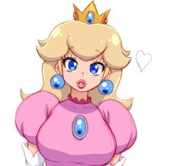 Rule 34 | 1girl, blue eyes, breasts, brooch, crown, dress, earrings, elbow gloves, eyelashes, gloves, heart, jewelry, large breasts, long hair, looking at viewer, mario (series), nintendo, parted lips, pink dress, platinum blonde hair, princess, princess peach, puffy short sleeves, puffy sleeves, short sleeves, simmsy, simple background, smile, solo, super mario bros. 1, thick lips, upper body, white background, white gloves