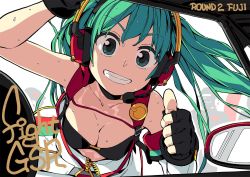 Rule 34 | 1girl, aqua hair, bent over, black gloves, breasts, car interior, cleavage, fingerless gloves, gloves, goodsmile racing, hatsune miku, headset, highres, leaning forward, len (a-7), looking at viewer, mirror, pov, racing miku, racing miku (2020), small breasts, smile, sweat, thumbs up, vocaloid