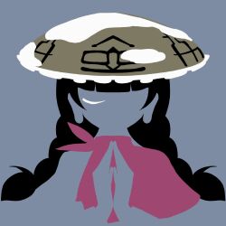Rule 34 | black hair, braid, capelet, closed eyes, highres, limited palette, long earlobes, long hair, long sleeves, maskin mei, minimalism, one eye closed, own hands together, pilgrim hat, praying, red capelet, sleeves past wrists, snow, snow on headwear, touhou, twin braids, yatadera narumi
