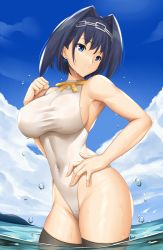Rule 34 | 1girl, arcie albano, black thighhighs, blue hair, blue sky, breasts, casual one-piece swimsuit, cloud, commentary, covered navel, day, english commentary, hair intakes, hand on own hip, headband, highleg, highleg swimsuit, highres, hololive, hololive english, large breasts, mixed-language commentary, ocean, one-piece swimsuit, ouro kronii, outdoors, short hair, sky, soaking feet, solo, standing, swimsuit, thighhighs, turtleneck, virtual youtuber, wading, water, white one-piece swimsuit