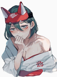 Rule 34 | 1girl, animal ears, animification, blue eyes, blush, breasts, cleavage, closed mouth, cropped torso, fake animal ears, green hair, hair between eyes, hand up, japanese clothes, kayanogura, kimono, kiriko (overwatch), looking at viewer, medium breasts, off shoulder, overwatch, overwatch 2, solo, sweat, upper body, white kimono