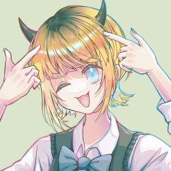 Rule 34 | 1girl, ;3, black sweater vest, blonde hair, blue bow, blue bowtie, blue eyes, bow, bowtie, collared shirt, commentary request, demon horns, epo (0epo0), fake horns, green background, highres, horns, index finger raised, long sleeves, looking at viewer, mem-cho, multicolored hair, one eye closed, open mouth, oshi no ko, outline, roots (hair), school uniform, shirt, short hair, smile, solo, sweater vest, upper body, white shirt