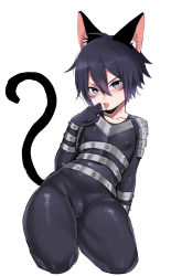 Rule 34 | 1boy, absurdres, androgynous, animal ears, black hair, bodysuit, cat boy, cat ears, facial mark, highres, licking lips, one-punch man, onsoku no sonic, seitarou, short hair, solo, tail, tongue, tongue out, trap, wide hips