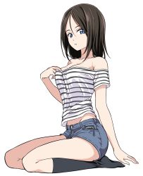 Rule 34 | 10s, 1girl, :o, arm at side, bare arms, bare shoulders, black socks, blue eyes, blue shorts, blush, breasts, brown hair, buttons, cleavage, collarbone, full body, girls und panzer, highres, hiroyuki, kneehighs, long hair, looking at viewer, medium breasts, nonna (girls und panzer), off-shoulder shirt, off shoulder, panties, panty peek, parted lips, pocket, seiza, shirt, shorts, simple background, sitting, socks, solo, striped clothes, striped shirt, teeth, underwear, upshorts, white background, white panties, zipper