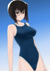 Rule 34 | 1girl, bad id, bad pixiv id, bare shoulders, black hair, blue background, blue one-piece swimsuit, blush, breasts, brown eyes, clenched hand, closed mouth, collarbone, covered navel, female focus, frown, girls und panzer, glasses, gradient background, groin, highres, higofushi, kawashima momo, large breasts, looking at viewer, monocle, one-piece swimsuit, school swimsuit, shiny skin, short hair, simple background, solo, standing, swimsuit, upper body
