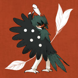 Rule 34 | alternate color, animal focus, arms up, beak, bird, bird legs, bird wings, black feathers, black wings, claws, creatures (company), decidueye, dots, feather hair, feathered wings, feathers, game freak, gen 7 pokemon, green feathers, nintendo, no humans, orange eyes, owl, plume, pokemon, pokemon (creature), polka dot, red background, red pupils, shiny pokemon, simple background, solo, solo focus, spread wings, taiyakineco, talons, white feathers, winged arms, wings
