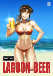 Rule 34 | 1girl, alcohol, alternate costume, azasuke, barefoot, beach, beer, beer mug, bikini, black lagoon, blue eyes, blue sky, breasts, brown hair, clenched hand, cup, day, drinking glass, english text, full body, grin, hand on own hip, highres, holding, holding cup, kneeling, long hair, looking at viewer, medium breasts, mug, navel, ocean, outdoors, ponytail, red bikini, revy (black lagoon), shoulder tattoo, sky, smile, solo, swimsuit, tattoo