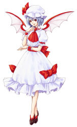 Rule 34 | 1girl, ascot, bad id, bad pixiv id, bat wings, bow, female focus, finger to own chin, hat, hat ribbon, light purple hair, looking at viewer, mob cap, natsume k, parted lips, puffy short sleeves, puffy sleeves, red eyes, remilia scarlet, ribbon, sash, short hair, short sleeves, simple background, skirt, skirt set, solo, touhou, white background, wings, wrist cuffs