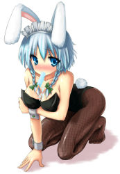 Rule 34 | 1girl, animal ears, blue eyes, blush, braid, breasts, breasts squeezed together, cleavage, female focus, fishnet pantyhose, fishnets, food, izayoi sakuya, kneeling, kuroneko jiji, large breasts, leotard, looking at viewer, mouth hold, pantyhose, playboy bunny, popsicle, rabbit ears, short hair, silver hair, simple background, solo, touhou, twin braids, white background