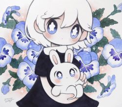 Rule 34 | 1girl, black dress, blue eyes, blue flower, blue pansy, blush, dated, dress, expressionless, flower, highres, holding, leaf, no nose, original, pansy, plant, rabbit, short hair, short sleeves, signature, solo, sparkle, white hair, zukky000